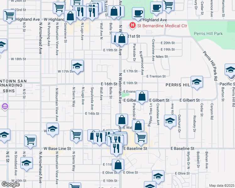 map of restaurants, bars, coffee shops, grocery stores, and more near 1546 North Waterman Avenue in San Bernardino