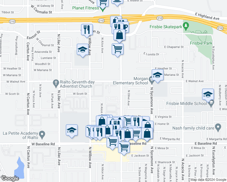 map of restaurants, bars, coffee shops, grocery stores, and more near 1551 North Palm Avenue in Rialto