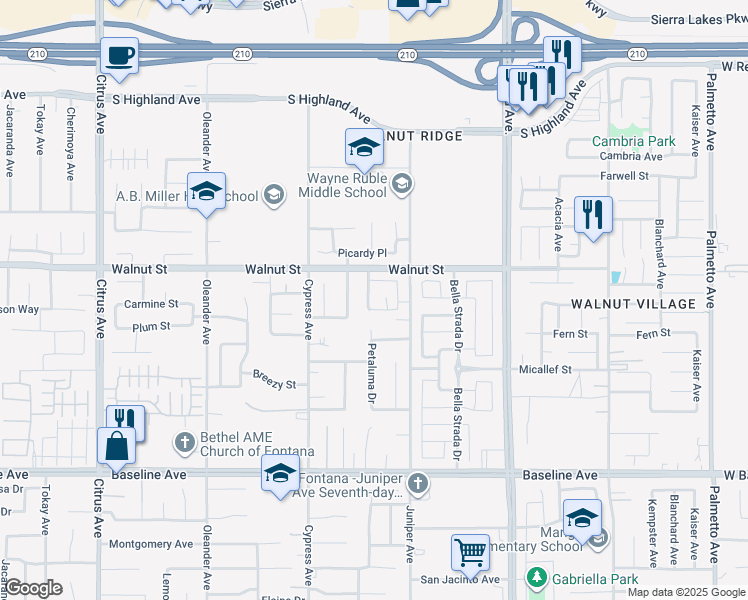 map of restaurants, bars, coffee shops, grocery stores, and more near 6931 Caswell Lane in Fontana