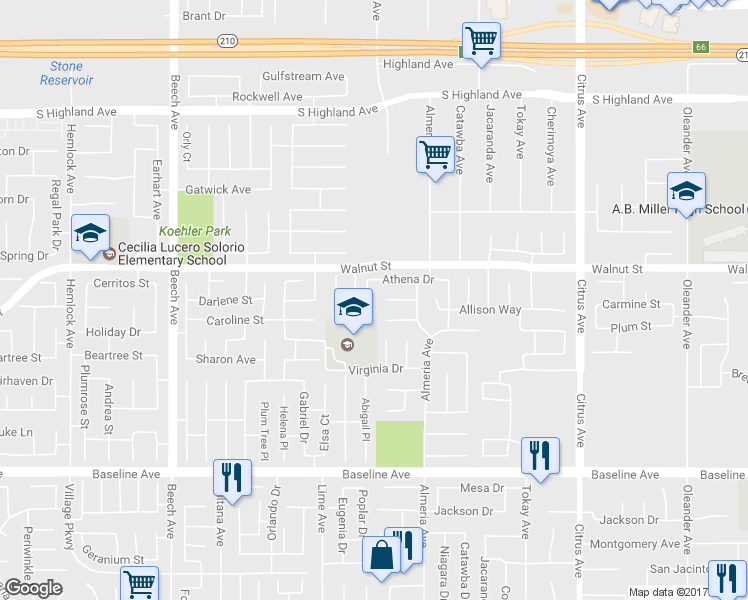 map of restaurants, bars, coffee shops, grocery stores, and more near 15717 Athena Drive in Fontana