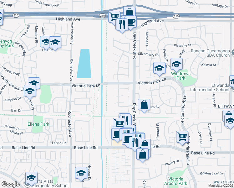 map of restaurants, bars, coffee shops, grocery stores, and more near 12219 Eton Drive in Rancho Cucamonga