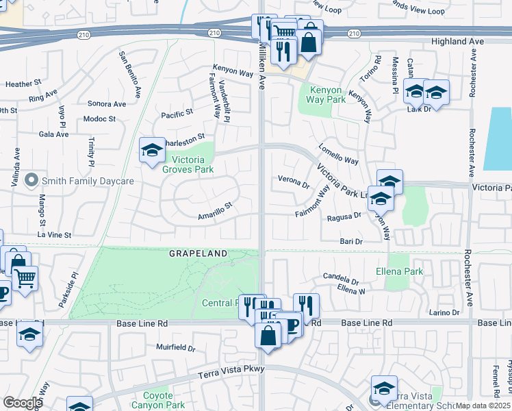 map of restaurants, bars, coffee shops, grocery stores, and more near 11254 Gannon Street in Rancho Cucamonga