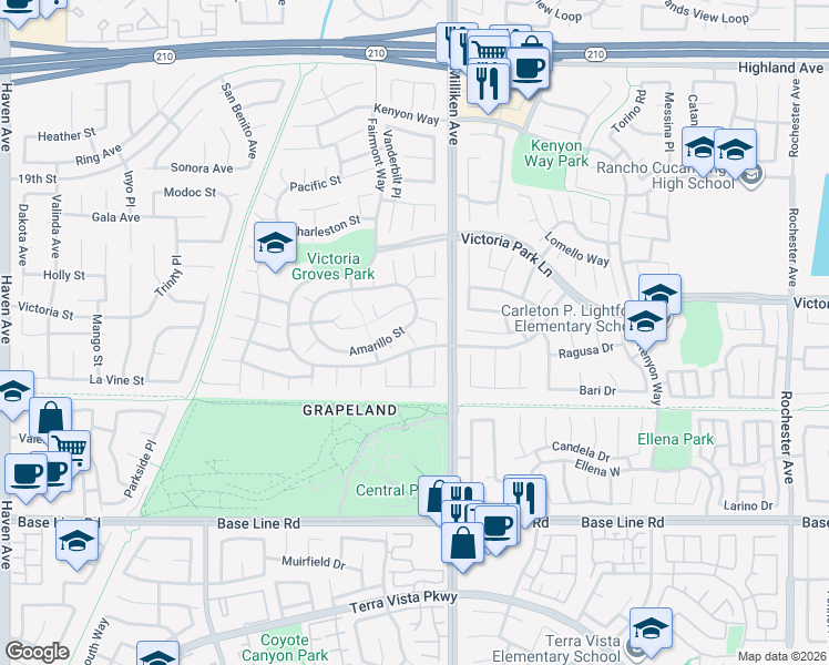 map of restaurants, bars, coffee shops, grocery stores, and more near 11254 Gannon Street in Rancho Cucamonga