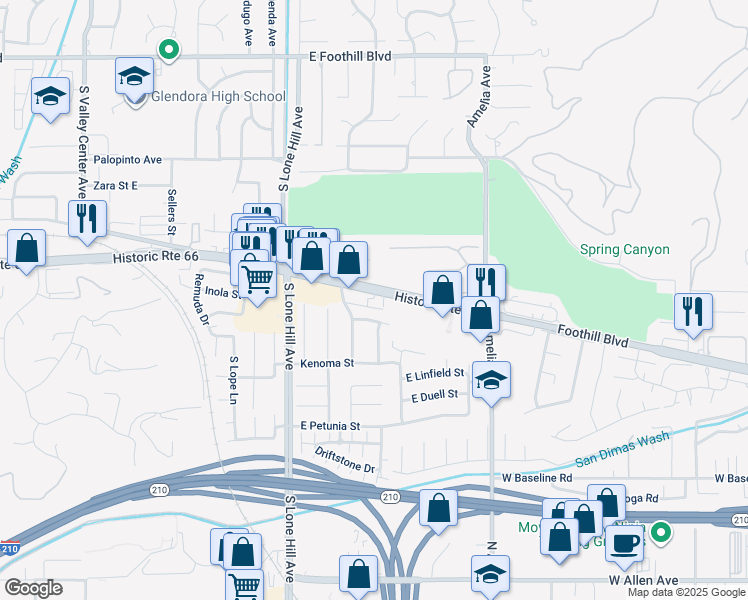 map of restaurants, bars, coffee shops, grocery stores, and more near 2025 East Route 66 in Glendora