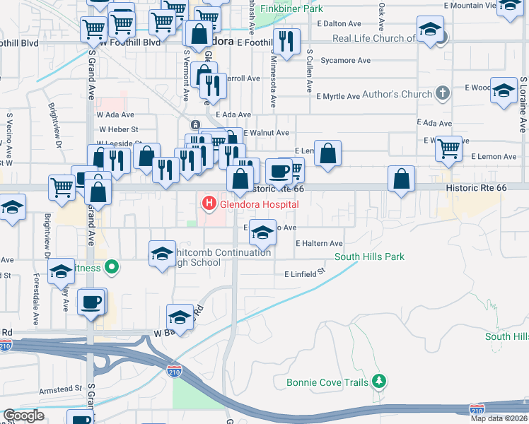 map of restaurants, bars, coffee shops, grocery stores, and more near 632 South Wabash Avenue in Glendora
