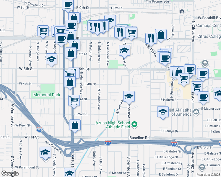 map of restaurants, bars, coffee shops, grocery stores, and more near 400 North Durrell Avenue in Azusa
