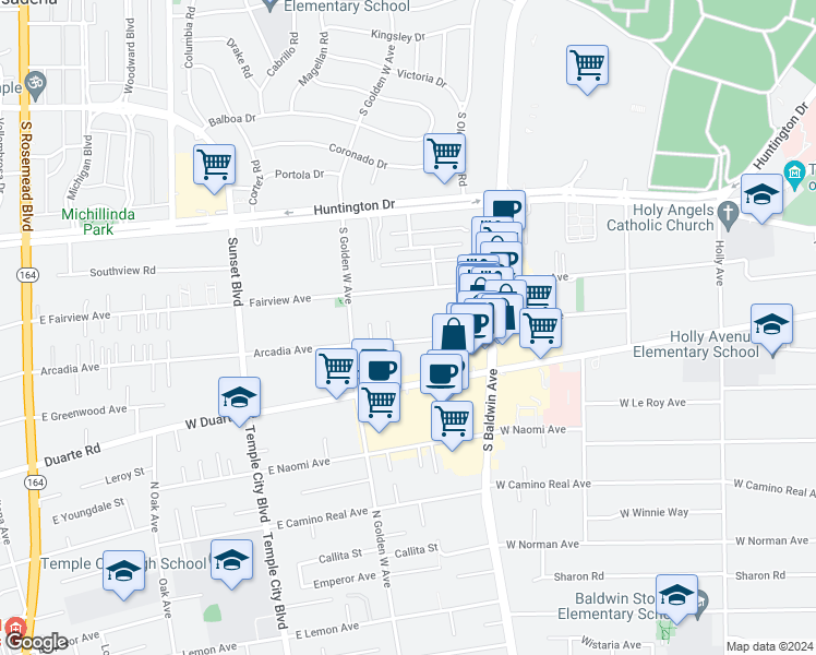 map of restaurants, bars, coffee shops, grocery stores, and more near 800 Fairview Avenue in Arcadia
