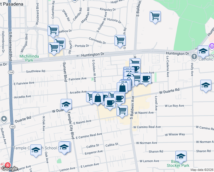 map of restaurants, bars, coffee shops, grocery stores, and more near 838 Fairview Avenue in Arcadia