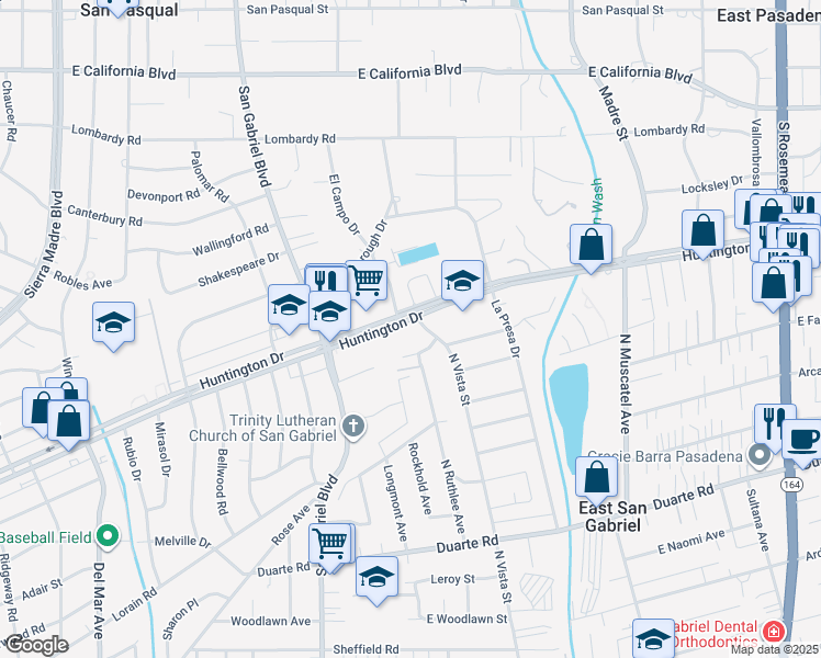 map of restaurants, bars, coffee shops, grocery stores, and more near in East Pasadena