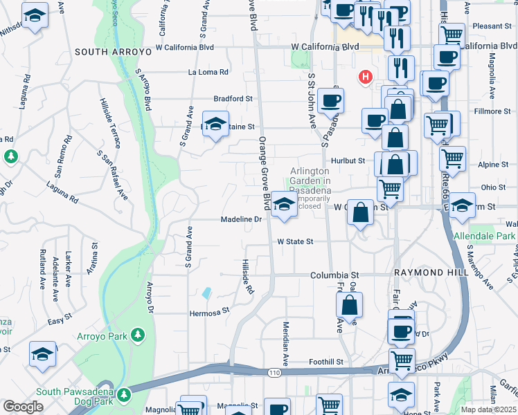 map of restaurants, bars, coffee shops, grocery stores, and more near 432 Arlington Drive in Pasadena