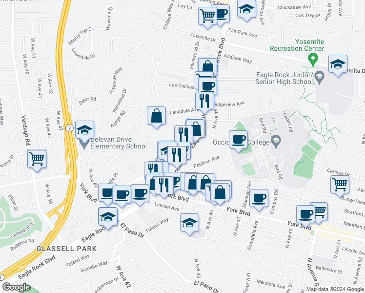 map of restaurants, bars, coffee shops, grocery stores, and more near 4615 Eagle Rock Boulevard in Los Angeles