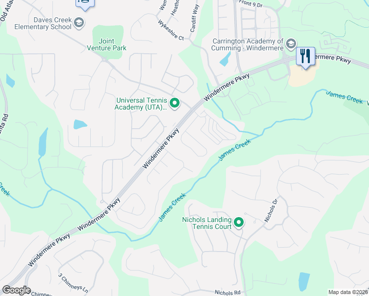 map of restaurants, bars, coffee shops, grocery stores, and more near 4285 Granby Circle in Cumming