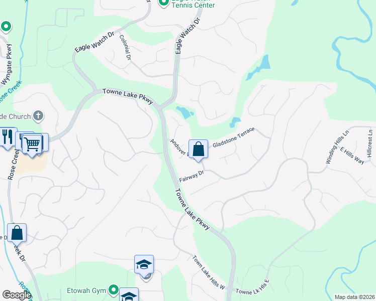 map of restaurants, bars, coffee shops, grocery stores, and more near 2809 Andover Way in Woodstock