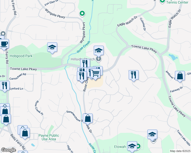 map of restaurants, bars, coffee shops, grocery stores, and more near 4475 Towne Lake Parkway in Woodstock