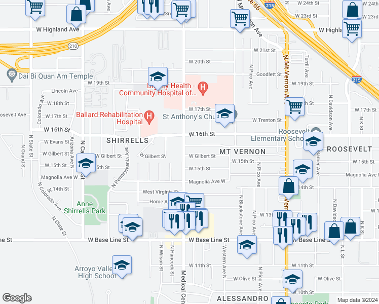 map of restaurants, bars, coffee shops, grocery stores, and more near 1588 West Gilbert Street in San Bernardino