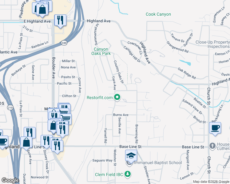 map of restaurants, bars, coffee shops, grocery stores, and more near Tiara Avenue in Highland