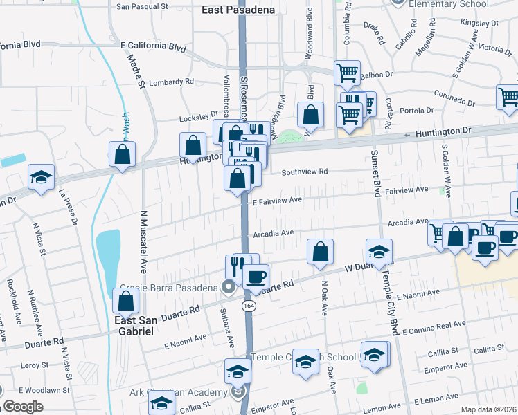 map of restaurants, bars, coffee shops, grocery stores, and more near 9022 East Fairview Avenue in San Gabriel