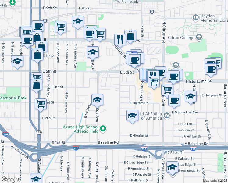 map of restaurants, bars, coffee shops, grocery stores, and more near 604 East Matchwood Place in Azusa
