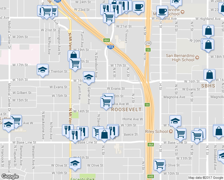 map of restaurants, bars, coffee shops, grocery stores, and more near 1085 West Evans Street in San Bernardino