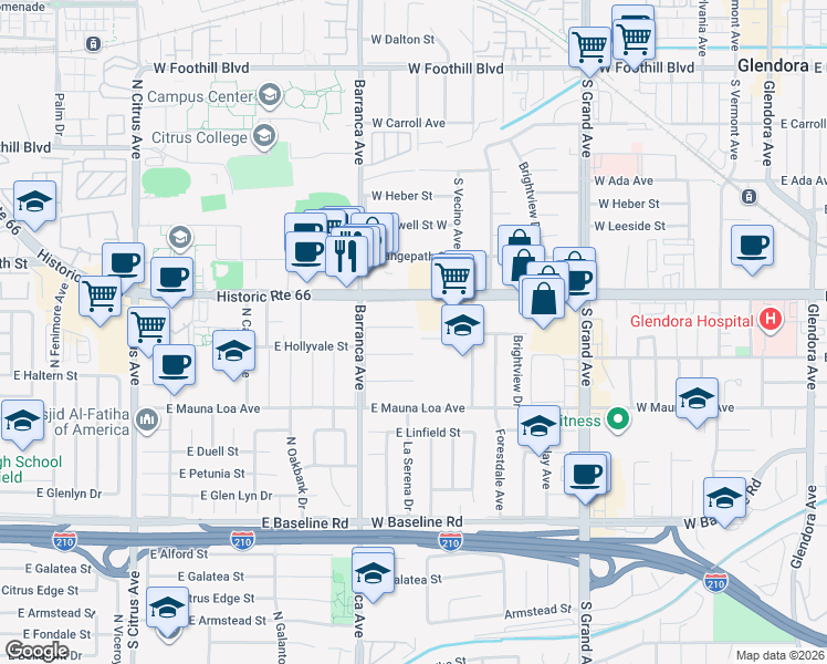 map of restaurants, bars, coffee shops, grocery stores, and more near 802 West Bagnall Street in Glendora