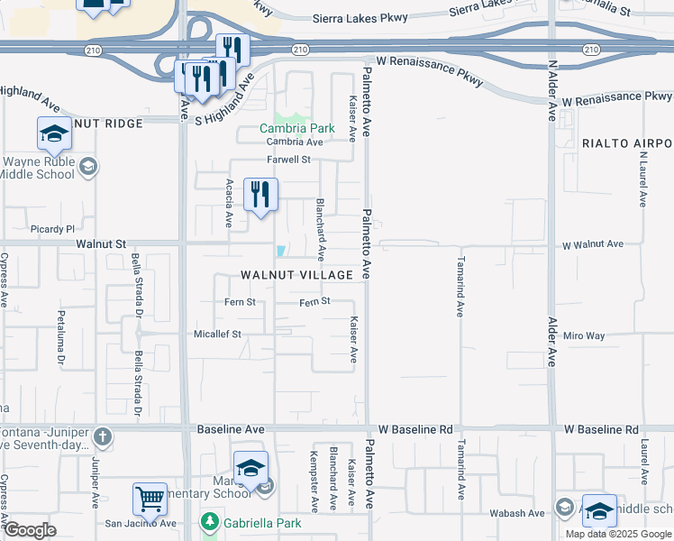 map of restaurants, bars, coffee shops, grocery stores, and more near 17233 Cerritos Street in Fontana