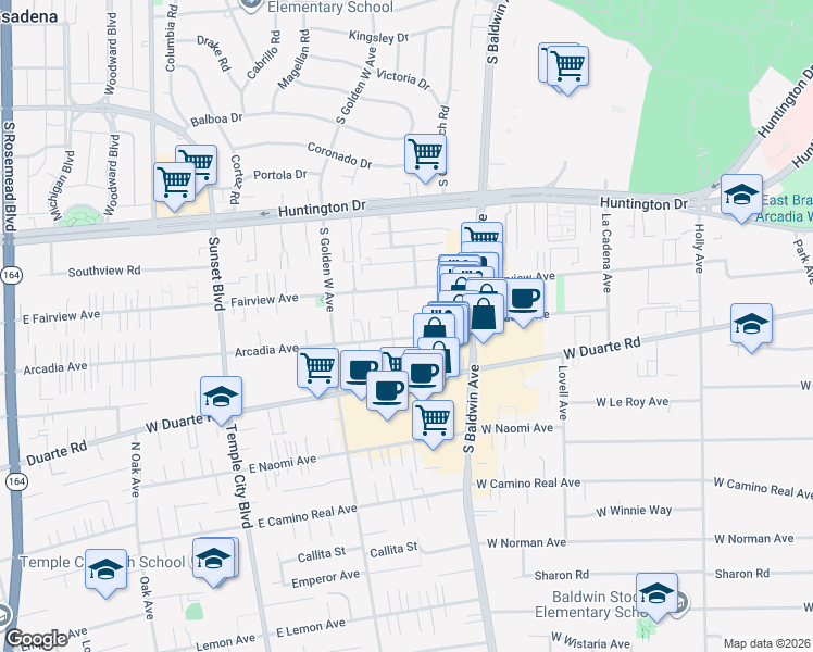 map of restaurants, bars, coffee shops, grocery stores, and more near 800 Fairview Avenue in Arcadia