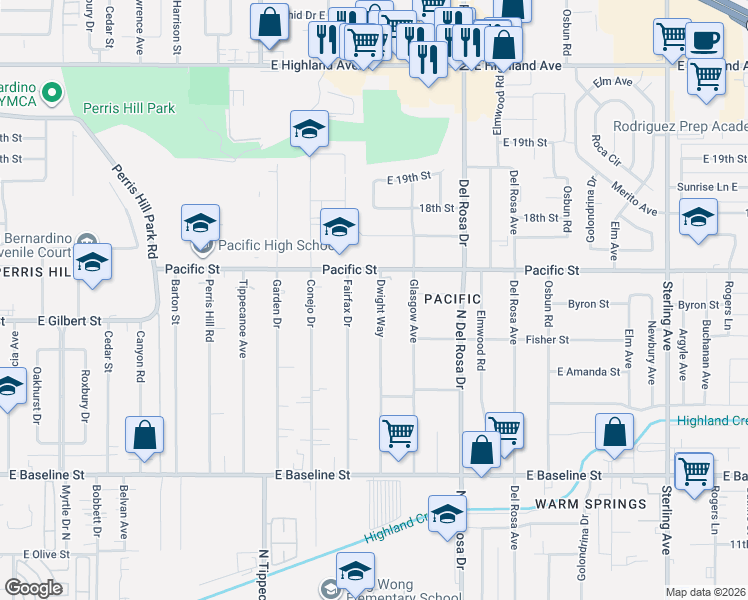 map of restaurants, bars, coffee shops, grocery stores, and more near 6956 Dwight Way in San Bernardino