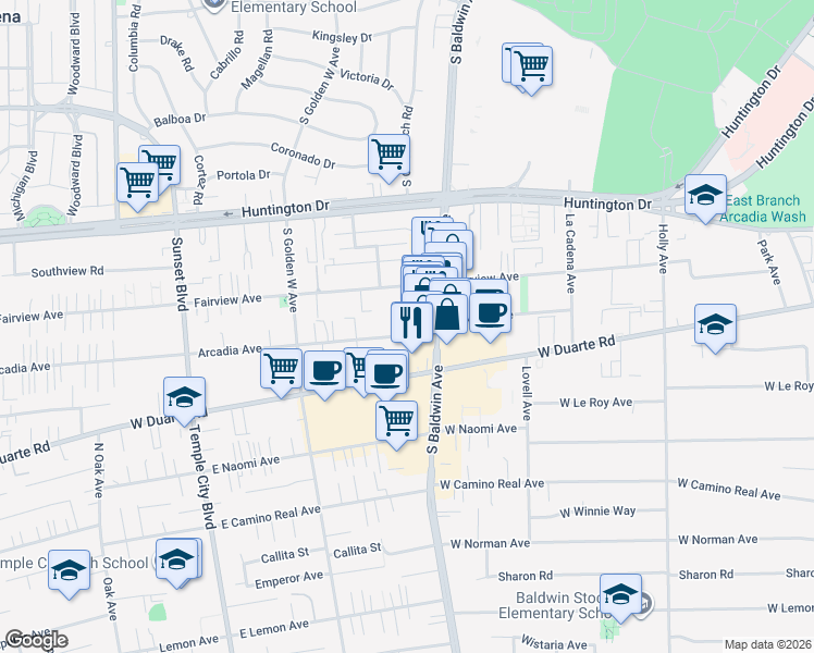 map of restaurants, bars, coffee shops, grocery stores, and more near 719 Arcadia Avenue in Arcadia