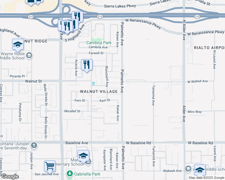 map of restaurants, bars, coffee shops, grocery stores, and more near 17233 Cerritos Street in Fontana