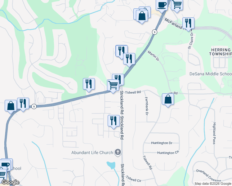 map of restaurants, bars, coffee shops, grocery stores, and more near 53 Tidwell Road in Alpharetta