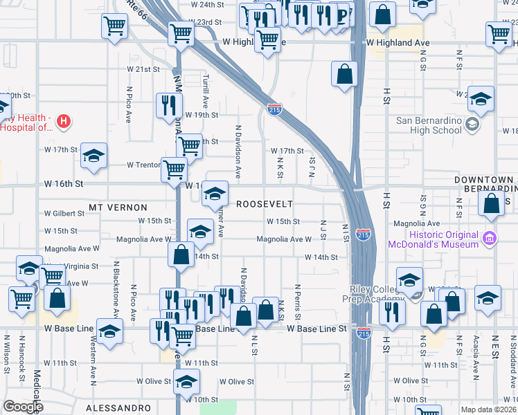 map of restaurants, bars, coffee shops, grocery stores, and more near in San Bernardino