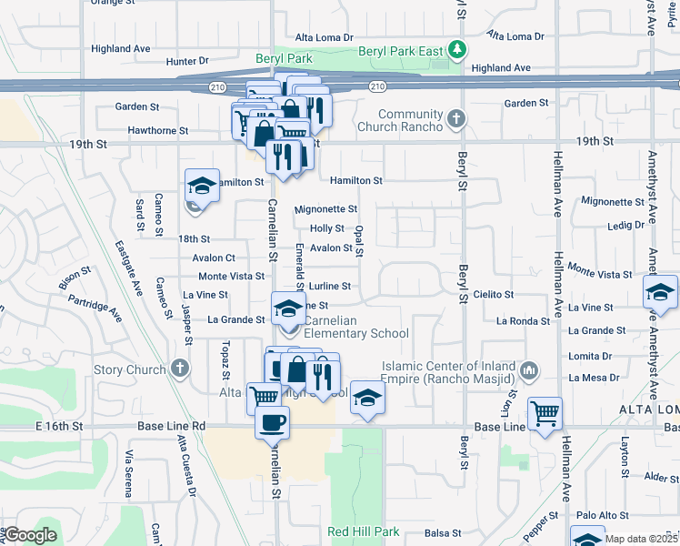 map of restaurants, bars, coffee shops, grocery stores, and more near 8841 Monte Vista Street in Rancho Cucamonga