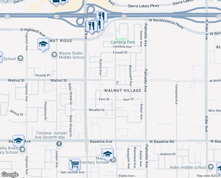 map of restaurants, bars, coffee shops, grocery stores, and more near 17068 Cerritos Street in Fontana