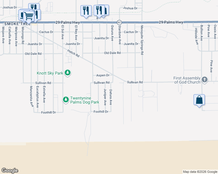 map of restaurants, bars, coffee shops, grocery stores, and more near 6922 Datura Avenue in Twentynine Palms