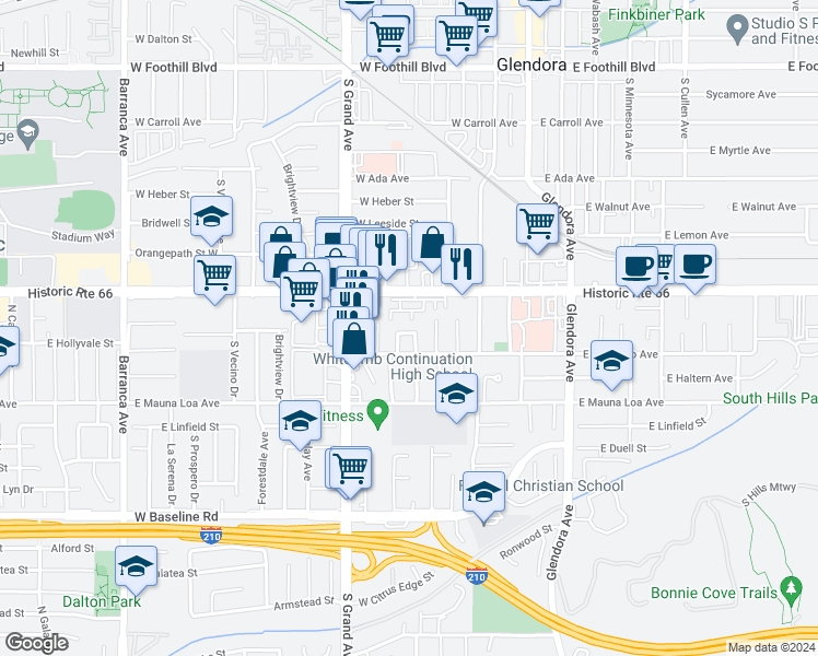 map of restaurants, bars, coffee shops, grocery stores, and more near 417 West Bagnall Street in Glendora