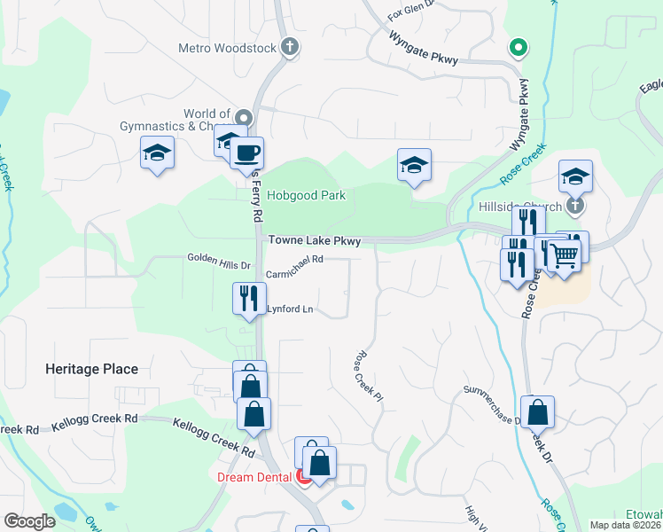 map of restaurants, bars, coffee shops, grocery stores, and more near 220 Carmichael Road in Woodstock
