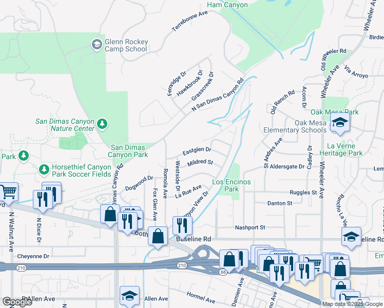 map of restaurants, bars, coffee shops, grocery stores, and more near 967 Eastglen Drive in La Verne