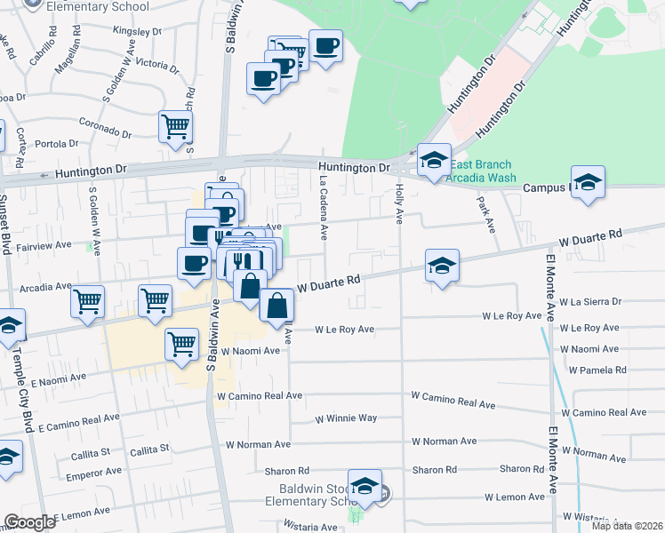 map of restaurants, bars, coffee shops, grocery stores, and more near 1026 La Cadena Avenue in Arcadia