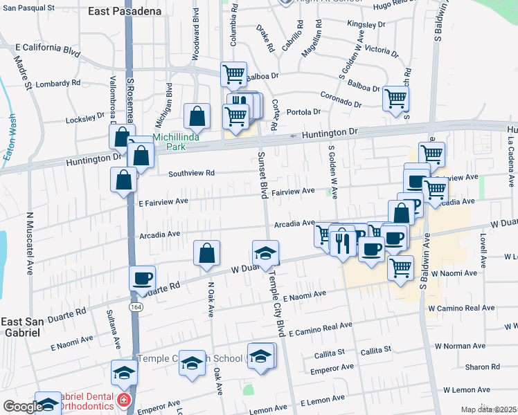 map of restaurants, bars, coffee shops, grocery stores, and more near 1015 Sunset Boulevard in Arcadia