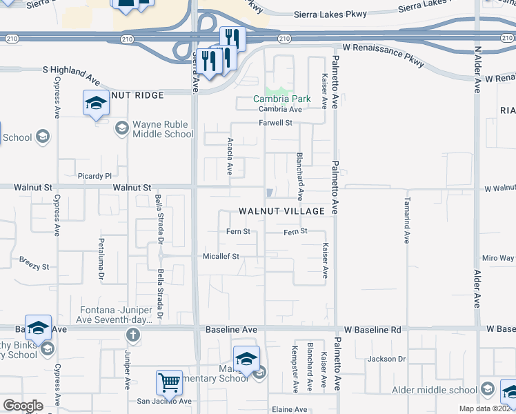 map of restaurants, bars, coffee shops, grocery stores, and more near 17082 Cerritos Street in Fontana