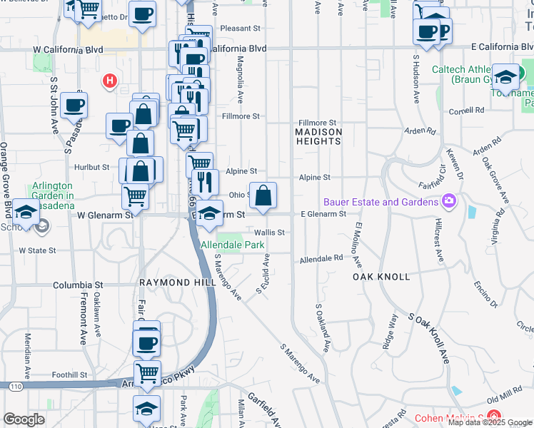 map of restaurants, bars, coffee shops, grocery stores, and more near East Glenarm Street & South Euclid Avenue in Pasadena