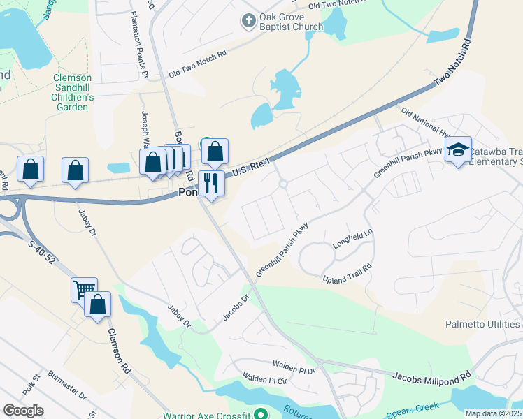 map of restaurants, bars, coffee shops, grocery stores, and more near 10616 Two Notch Road in Elgin
