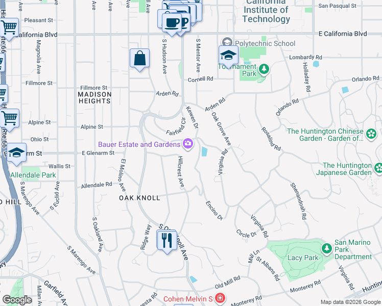 map of restaurants, bars, coffee shops, grocery stores, and more near 1220 Hillcrest Avenue in Pasadena