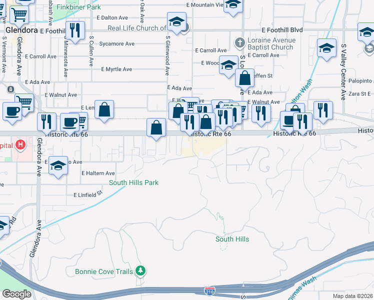 map of restaurants, bars, coffee shops, grocery stores, and more near 862 East Route 66 in Glendora