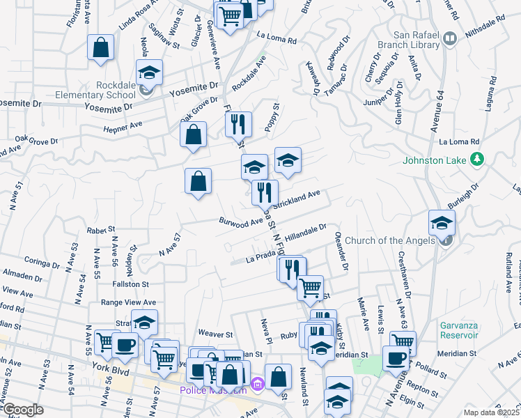 map of restaurants, bars, coffee shops, grocery stores, and more near 6919 North Figueroa Street in Los Angeles