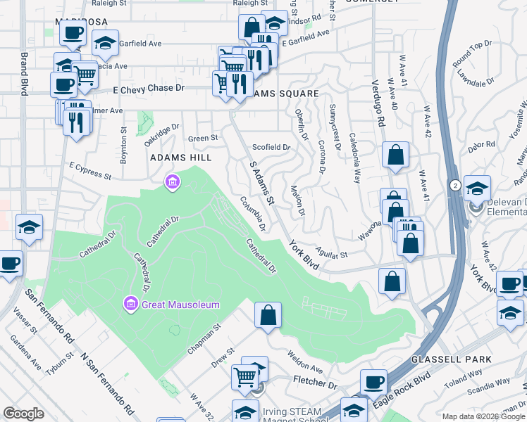 map of restaurants, bars, coffee shops, grocery stores, and more near 1505 Wellesley Drive in Glendale