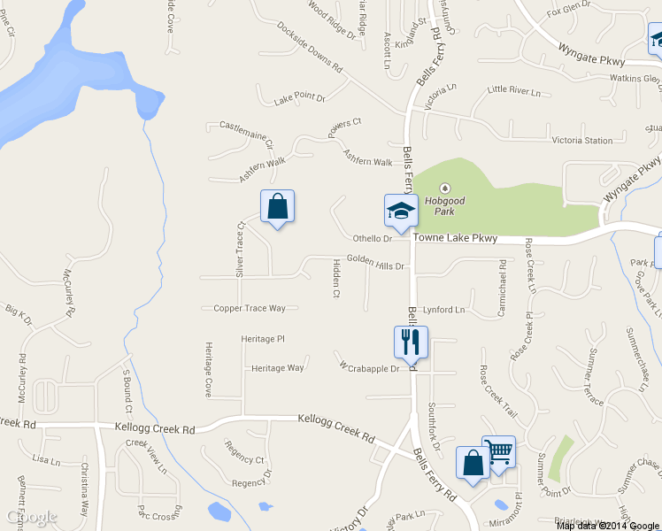 map of restaurants, bars, coffee shops, grocery stores, and more near 302 Hidden Court in Woodstock