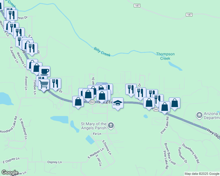 map of restaurants, bars, coffee shops, grocery stores, and more near 1450 South Emma Drive in Pinetop-Lakeside