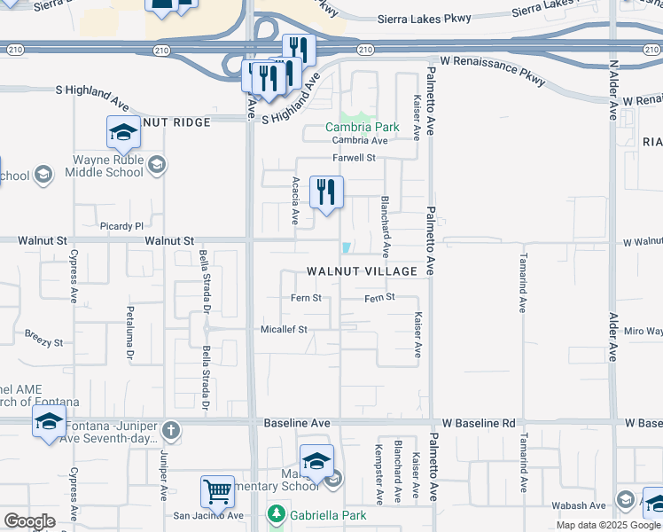 map of restaurants, bars, coffee shops, grocery stores, and more near 17082 Cerritos Street in Fontana