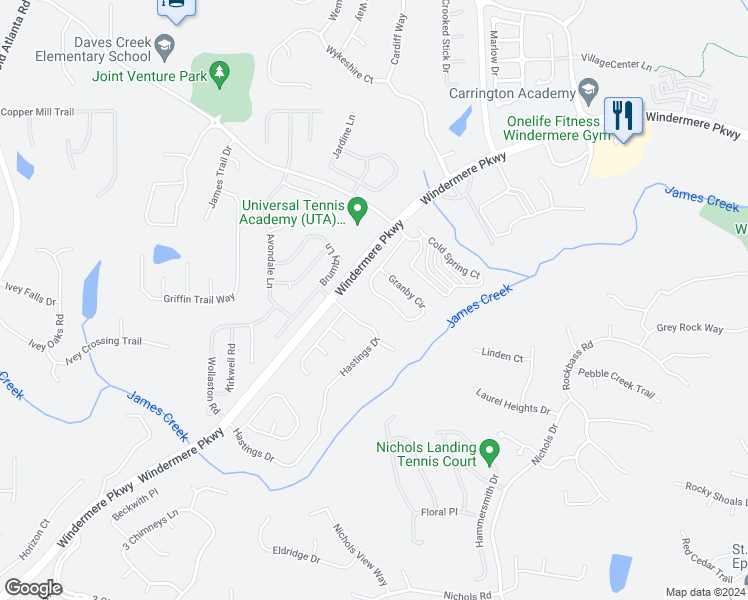 map of restaurants, bars, coffee shops, grocery stores, and more near 4320 Granby Circle in Cumming